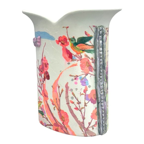 White Tulip Ceramic Italian Vase UpCycled With Decoupage and Hand Moulded Clay - Picture 9 of 13
